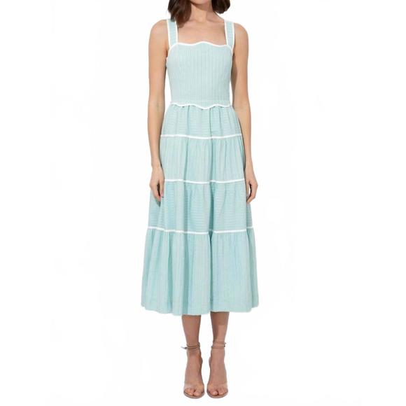 NEW ADELYN RAE oxford cotton tiered dress in aqua green - Picture 2 of 6
